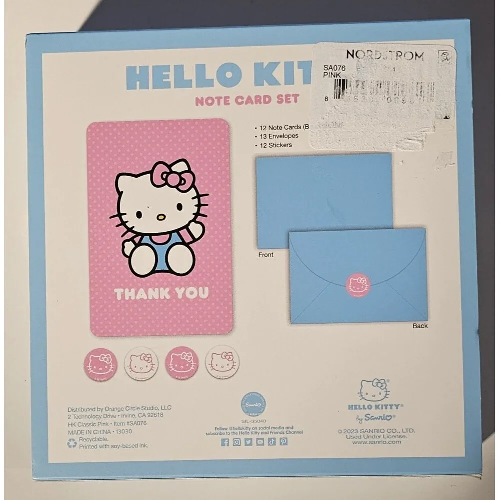 NEW Hello Kitty Note Card Set 12 Thank you Note Cards (Blank inside)